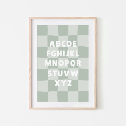 Checkered-ABC-Quirky-Alphabet-Poster-Print-Website-Main-Image-in-Mist-Green