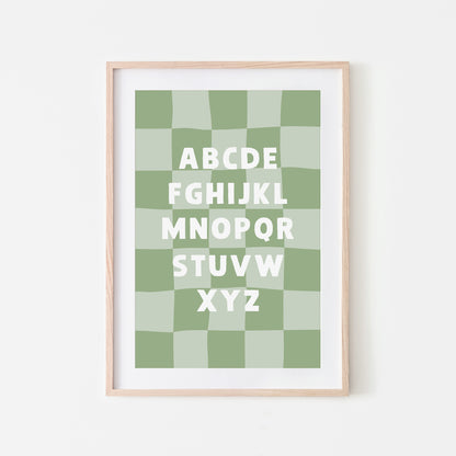 Checkered-ABC-Quirky-Alphabet-Poster-Print-Website-Main-Image-in-Sage-Green