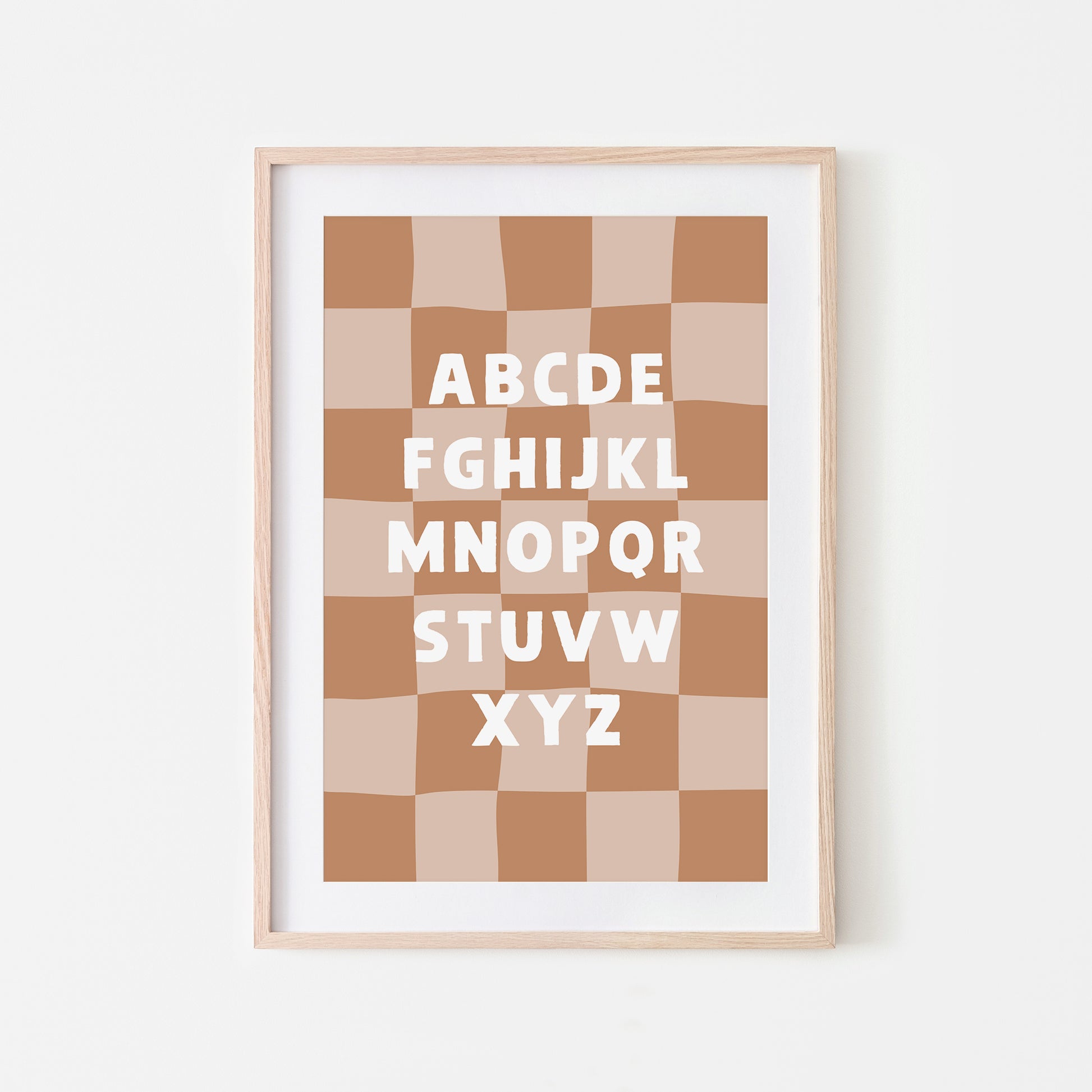 Checkered-ABC-Quirky-Alphabet-Poster-Print-Website-Main-Image-in-Tan-Brown