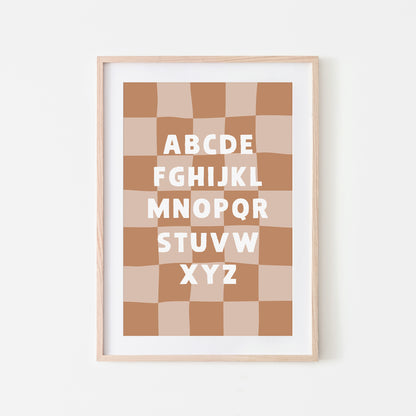 Checkered-ABC-Quirky-Alphabet-Poster-Print-Website-Main-Image-in-Tan-Brown
