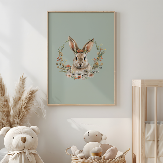 Flora-Watercolour-Bunny-Rabbit-Wall-Art-in-Mist-Green-Website-Main-Image