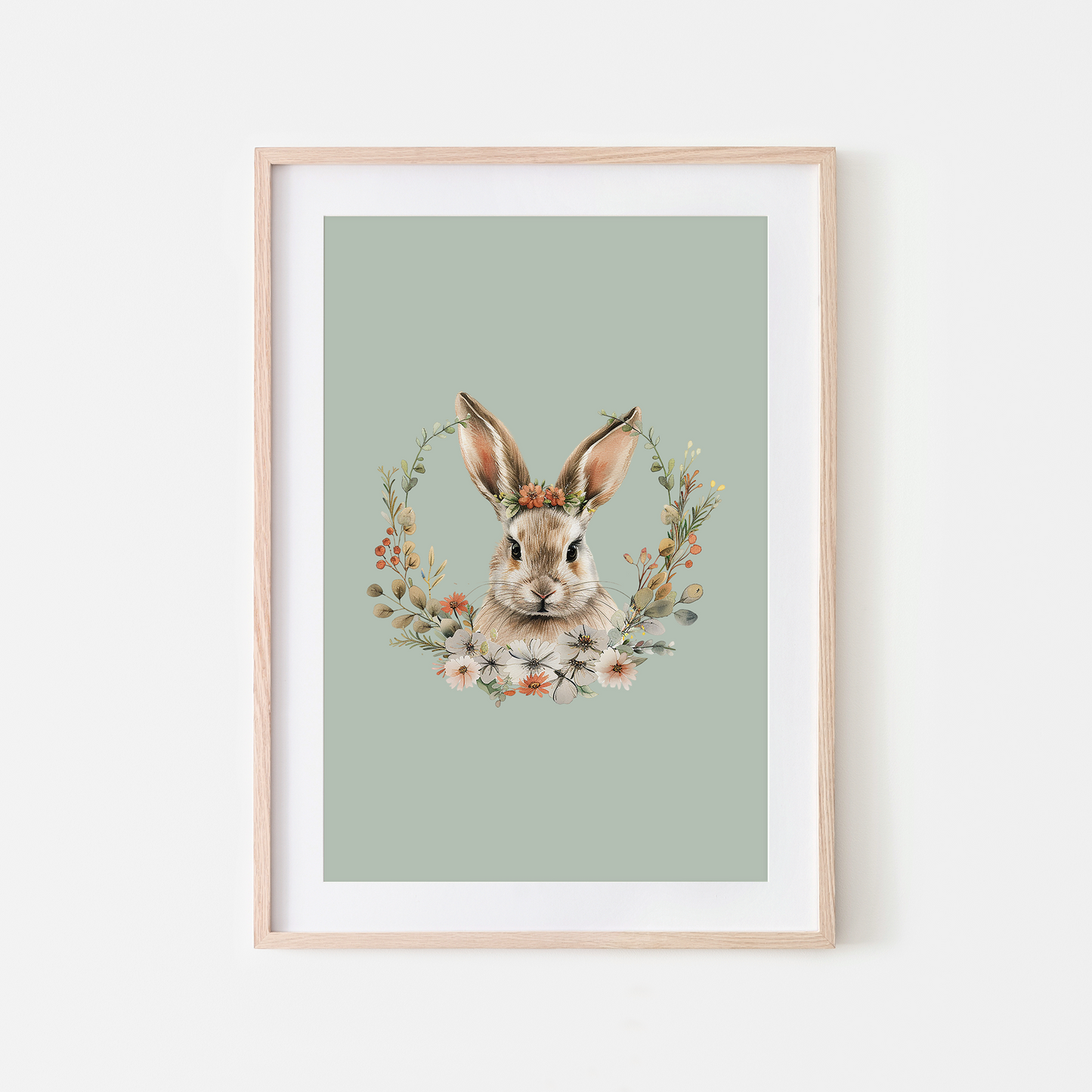 Flora-Watercolour-Bunny-Rabbit-Wall-Art-in-Mist-Green
