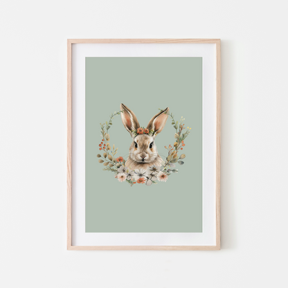 Flora-Watercolour-Bunny-Rabbit-Wall-Art-in-Mist-Green
