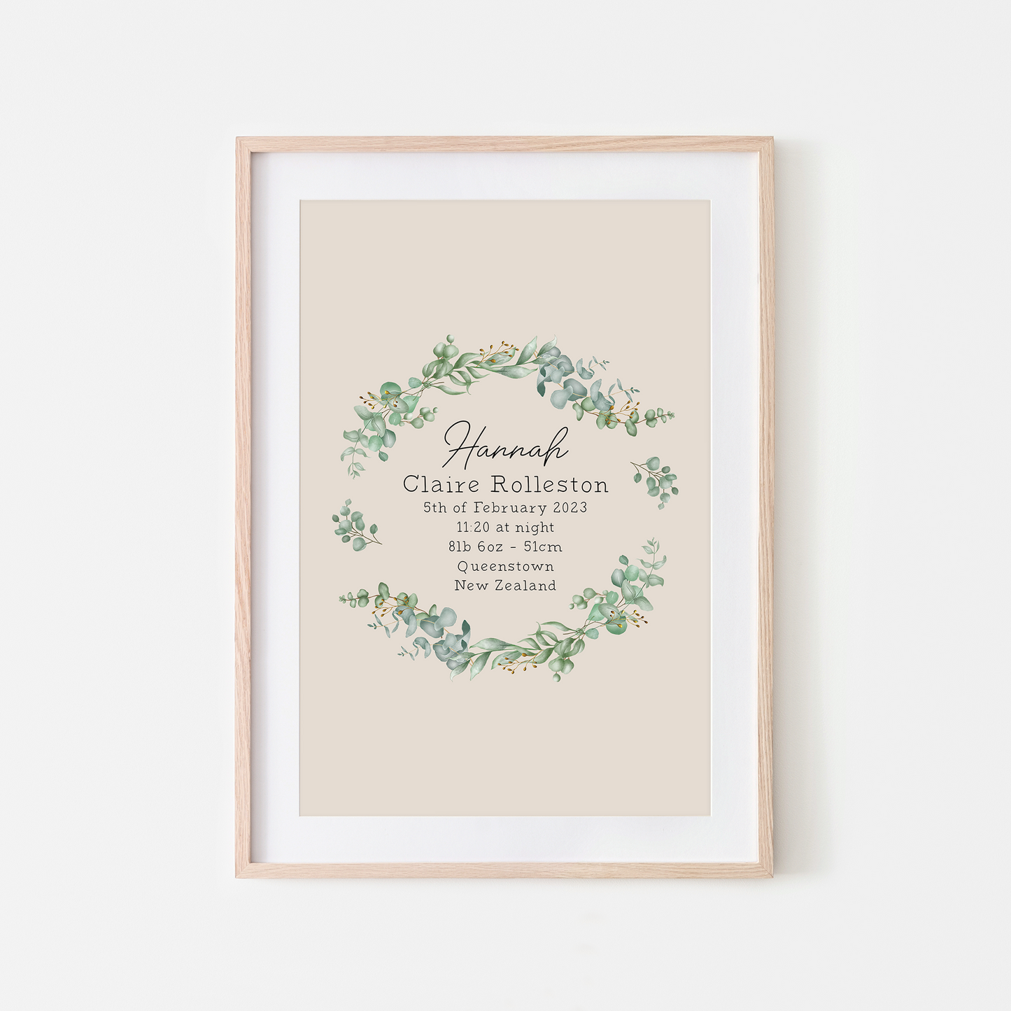 The-Branches-Eucalyptus-Leaf-Birth-Poster-in-Sand-Cursive