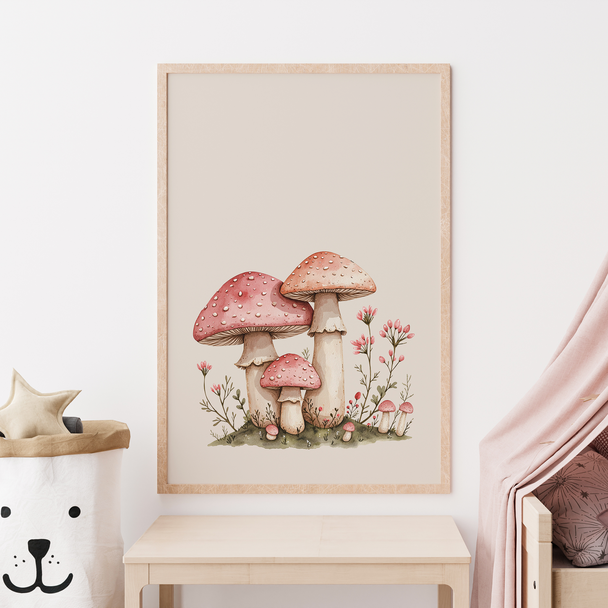The-Woods-Pink-Mushroom-Nursery-Wall-Art-in-Sand-Website-Main-Image